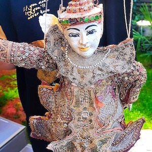 Large 16.5&quot; Antique Vintage Thai Burmese Handmade Golden String Puppet | Marionette Collectible