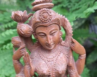 13,38 inch Divine Saraswati Maa: Handcrafted Wooden Statue for Spiritual Connection, Yoga, and Meditation