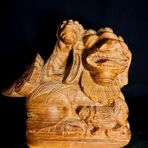 5.51&#39;&#39; Vintage Chinese Foo Dog – Hand Carved Wooden Guardian Lion – Feng Shui Protection Decor