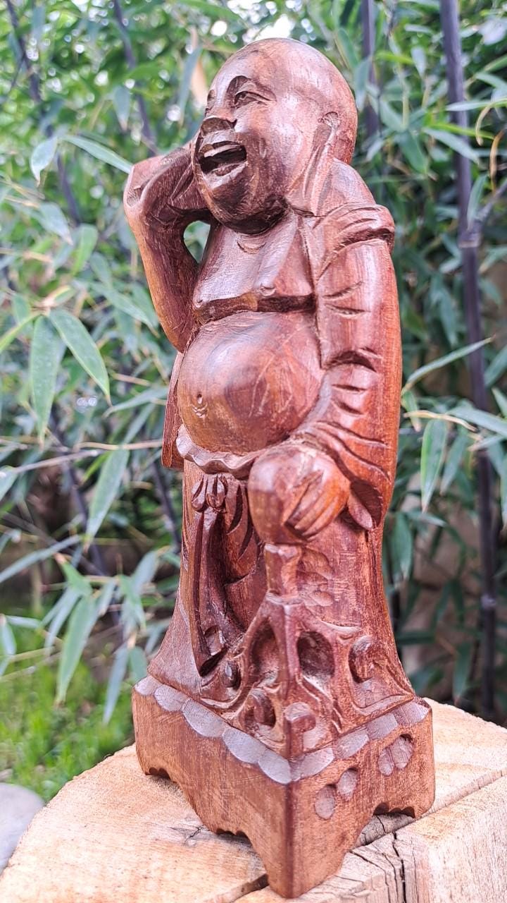 木製仏像 彫刻 約36cm アンティーク　インテリア 7.87インチのヴィンテージ木製置物、幸せな仏像 - 幸運のカリスマ的な