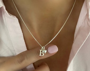 dainty initial necklace with heart charm, custom letter necklace, monogram necklace for birthday gift, INITIAL HEART-SN32