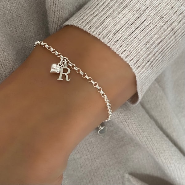 initial bracelet, personalised jewellery, letter charm bracelet, sterling silver chain bracelet, bridesmaids gifts, HANNA HEART-SB72