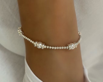 Handmade Sterling Silver Pearl Bracelet: Beaded Stacking Jewellery, Sarah SBM04