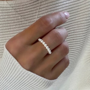 Handmade Sterling Silver White Pearl Ring: Minimalist Beaded Stretch Band, SRM18