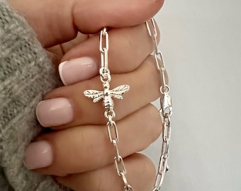 Sterling Silver Bee Charm Bracelet: Paperclip Chain, Minimalist Jewellery, SBM09