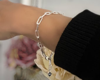 Pulsera de eslabones cuadrados de plata de ley, pulsera de cadena con clip, pulsera de eslabones tipo cable, joyería minimalista, regalos para mujer, LOTTI-SB5