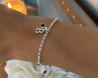 Bracelet avec pierre de naissance et initiales en argent sterling, bijoux personnalisés, bracelet monogramme, cadeau du 18e anniversaire, HANNA Initial&Birthstone-SB71