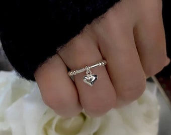 Sterling Silver Heart Charm Ring: Beaded Stacking Jewellery, Sweetie SR29