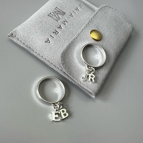 Personalized Sterling Silver Initial Ring: Dangle Letter Charm