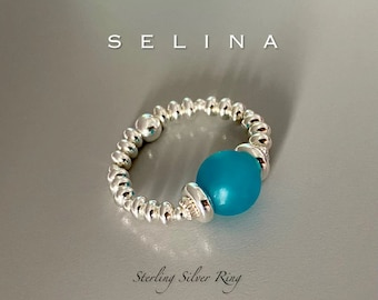 turquoise sterling silver ring, rose quartz ring,  semi precious stone ring, statement ring, handmade jewellery, stretch ring, SELINA-SR78