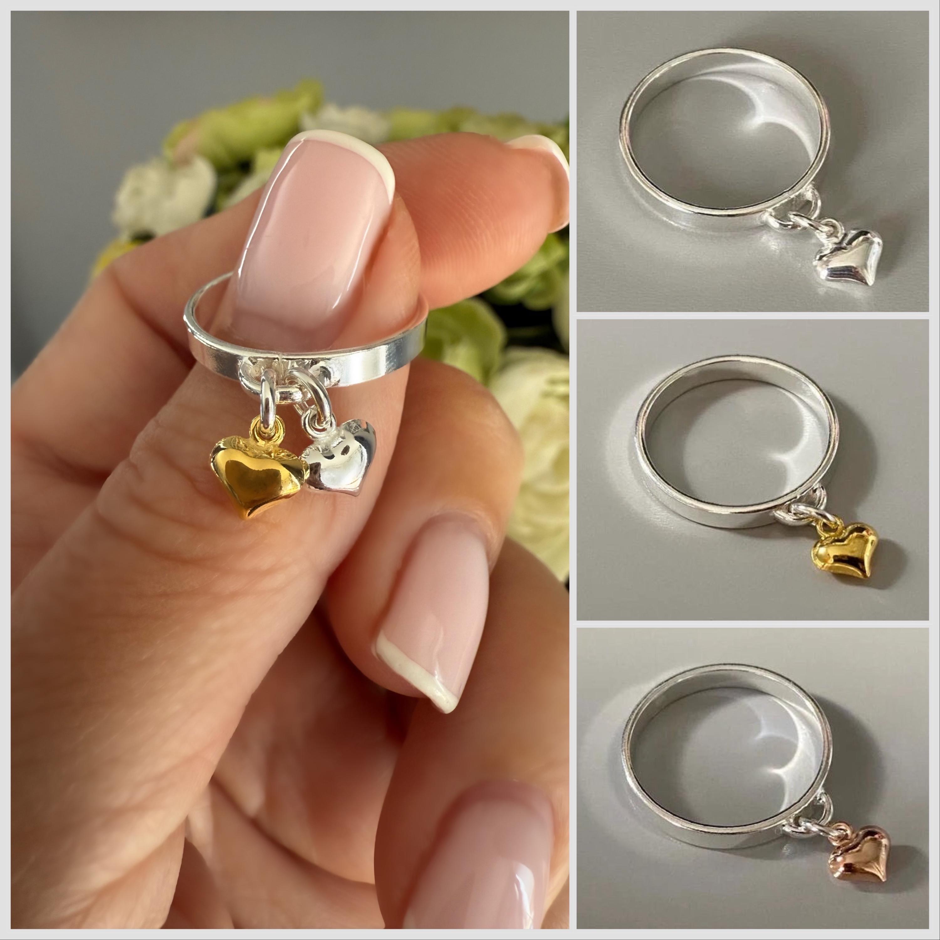 Sterling Silver Heart Charm Ring, Silver Band Ring, Minimalist 