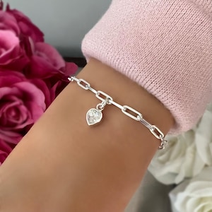 sterling silver square link bracelet, heart bracelet, paperclip chain, minimalist, handmade, gifts for women, Crystal Lotti SBM01