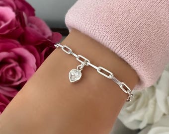 sterling silver square link bracelet, heart bracelet, paperclip chain, minimalist, handmade, gifts for women, Crystal Lotti SBM01