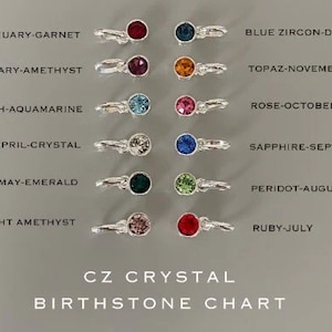 Puede incluir: Un gr&aacute;fico que muestra las piedras de nacimiento para cada mes del a&ntilde;o. El gr&aacute;fico presenta un amuleto de plata con una piedra de nacimiento de cristal para cada mes. Las piedras de nacimiento son: Granate, Amatista, Aguamarina, Cristal, Esmeralda, Amatista clara, Topacio, Rosa, Zafiro, Peridoto, Rub&iacute; y Circonio azul.