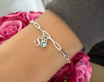 birthstone and initial sterling silver bracelet, personalised jewellery, monogram bracelet,18th birthday gift, LOTTI Initial&Birthstone-SB71