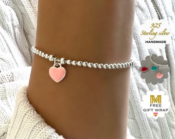 heart charm bracelet, silver bead bracelet, handmade unique gifts, minimalist jewellery, birthday gifts, bracelet for women, MM SBM10