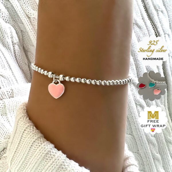 heart charm bracelet, silver bead bracelet, handmade unique gifts, minimalist jewellery, birthday gifts, bracelet for women, MM SBM10