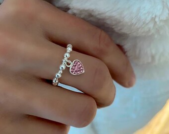 Sterling Silver Beaded Ring with CZ Crystal Heart Charm, Petra SR20
