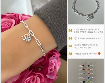 birthstone and initial sterling silver bracelet, personalised jewellery, monogram bracelet,18th birthday gift, LOTTI Initial&Birthstone-SB71