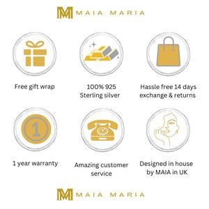 Puede incluir: Un gr&aacute;fico con seis iconos que representan los beneficios de comprar en MAIA MARIA. Los iconos incluyen una caja de regalo, una pila de lingotes de oro, una bolsa de compras, un n&uacute;mero uno dentro de un c&iacute;rculo, un tel&eacute;fono de disco y un dibujo de l&iacute;nea de un rostro de mujer. El texto "MAIA MARIA" aparece en la parte superior e inferior del gr&aacute;fico.