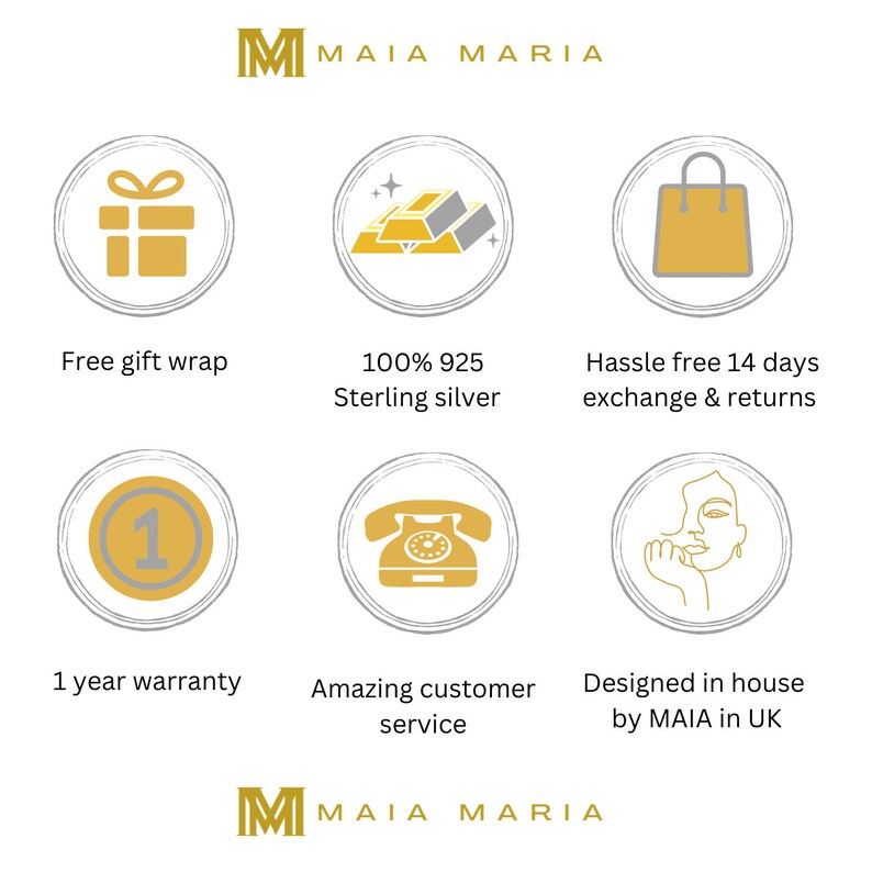 Puede incluir: Un gr&aacute;fico con seis iconos que representan los beneficios de comprar en MAIA MARIA. Los iconos incluyen una caja de regalo, una pila de lingotes de oro, una bolsa de compras, un n&uacute;mero uno dentro de un c&iacute;rculo, un tel&eacute;fono de disco y un dibujo de l&iacute;nea de un rostro de mujer. El texto "MAIA MARIA" aparece en la parte superior e inferior del gr&aacute;fico.