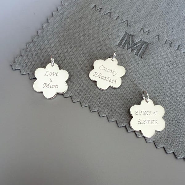 Engraved Sterling Silver Flower Charm: Personalized Name Pendant, SNE09