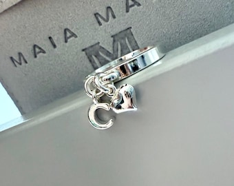 Sterling Silver Initial Ring with Heart Charm: Personalized Dangle Ring
