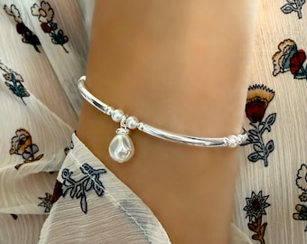 Sterling Silver Pearl Bangle Bracelet: Minimalist Stretchy Bead Bracelet