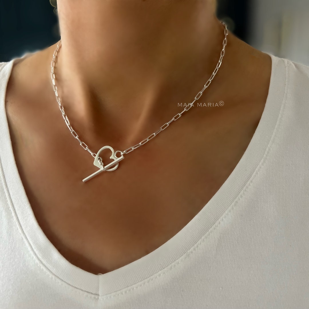 Paperclip Toggle Sterling Silver Necklace, Minimalist Heart Square Link