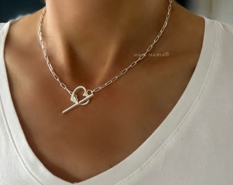 Paperclip Toggle Sterling Silber Halskette, minimalistische Herz Quadrat Gliederkette, handgemachtes Geschenk perfekt für Frauen, Halskette für Frauen, SNM06