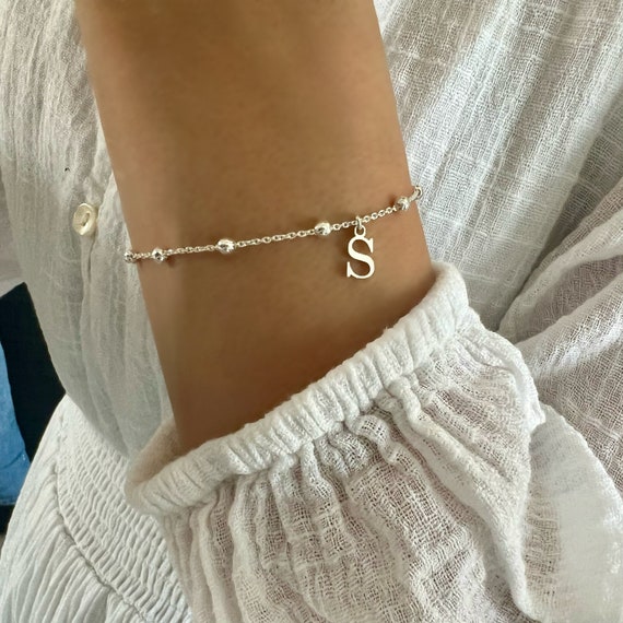Dainty Initial Bracelet, Sterling Silver, Satellite Chain, Personalised, Letter Charm Bracelet, Bridesmaids Gifts, Poppy Initial SBM23 - Etsy