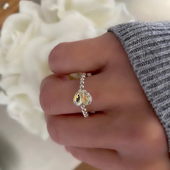 Clear heart beaded ring discount
