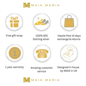 May include: A graphic with six icons representing benefits of shopping with MAIA MARIA. The icons include a gift box, a stack of gold bars, a shopping bag, a number one inside a circle, a rotary phone, and a line drawing of a woman's face. The text "MAIA MARIA" appears at the top and bottom of the graphic.
