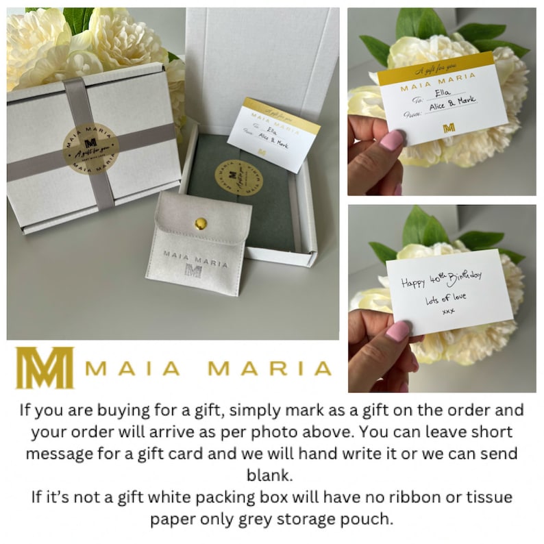 May include: A white gift box with a grey storage pouch and a handwritten gift card that says "Happy 40th Birthday Lots of love xxx". The box is decorated with a gold ribbon and a small gold sticker with the text "MAIA MARIA".