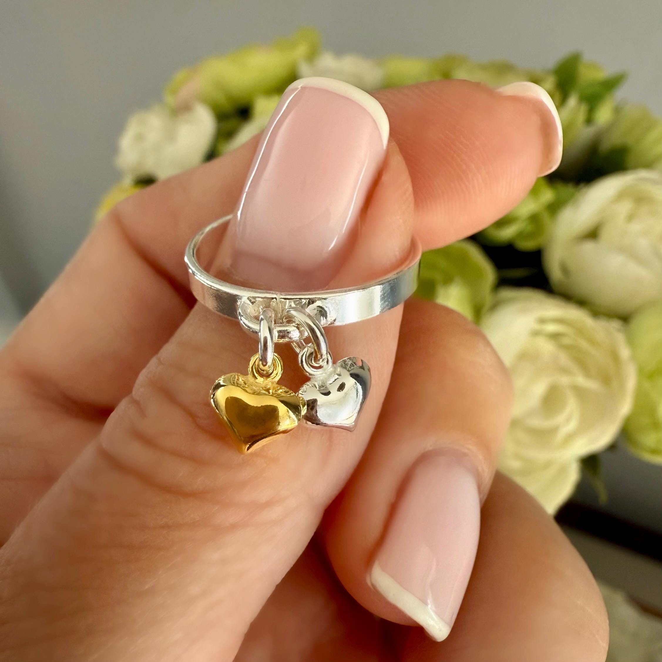 Sterling Silver Heart Charm Ring, Silver Band Ring, Minimalist 