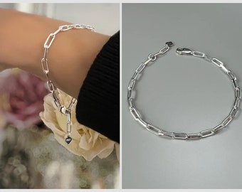 sterling zilveren vierkante schakelarmband, paperclip kettingarmband, kabelschakelarmband, minimalistische sieraden, cadeaus voor vrouwen, LOTTI-SB5