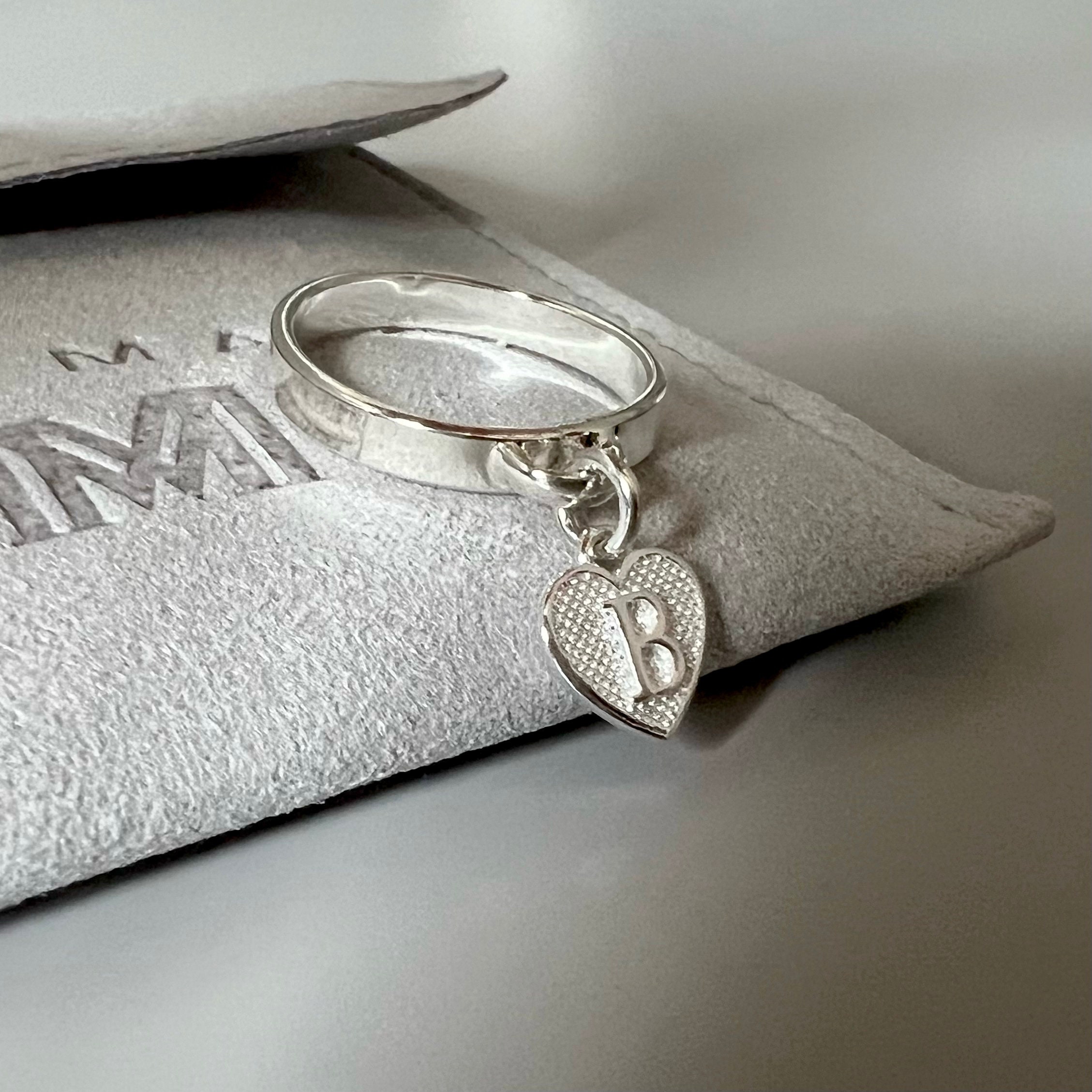 Initial Charm Band, Sterling Silver Ring, Dangle Ring