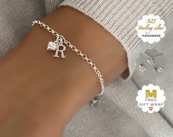 Initialarmband, Initialarmband, Initialschmuck, Buchstabe Bettelarmband, Sterling Silber Armband, Kettenarmband, Brautjungfer Geschenke, HANNA HEART-SB72