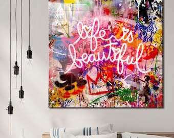 Arte mural &quot;La vida es hermosa&quot; de Banksy, lienzo &quot;La vida es hermosa&quot; de Banksy, decoración del hogar de Banksy, regalo artístico de Banksy, regalo de arte mural de Banksy