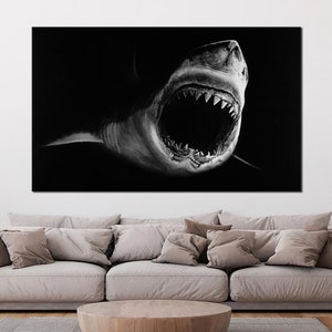 Shark Wall Art, B&W Shark Canvas Print, Great White Shark Home Decor, Great White Shark Wall Decor, Great White Shark Gift Canvas