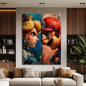 Princess and Mario Wall Art, Mario Artwork Canvas Print, Game Canvas Art, Teenager Wall Decor, Ready to Hang Home Decor, Gift Gamers