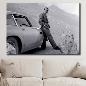 James Bond-muurkunst, Sean Connery canvaskunst, Sean Connery en Aston Home Decor, James Bond 007 muurkunst cadeau, film klaar om op te hangen canvas