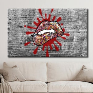 Arte de pared de labios de grafiti, lienzo de labios de grafiti, decoración del hogar de labios de grafiti, decoración de pared de grafiti lista para colgar, impresión en lienzo de labios de grafiti