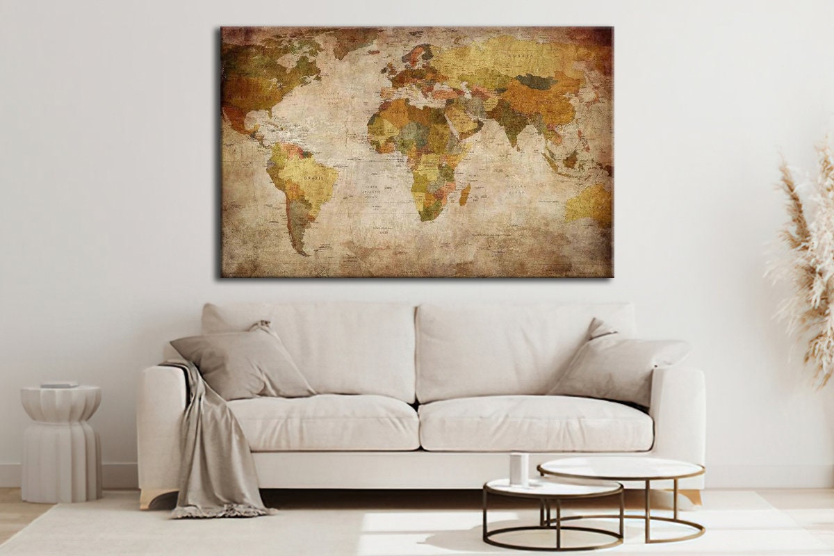 Vintage World Map Canvas Wall Art, Ready to Hang - Etsy
