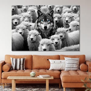 Wolf Among Sheep Canvas Wall Art, Wolf and Sheep Canvas Print, Bold Wildlife Painting, Ready to Hang Home Decor, Modern Animal Gift