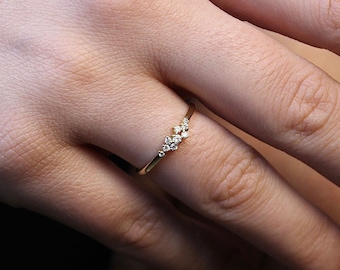 14K Gold Diamond Cluster Ring: Dainty Stacking Ring