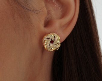 14K Solid Gold Braided Stud Earrings - Elegant Yellow Gold