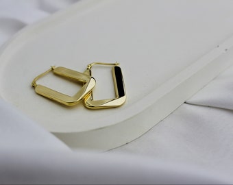 14k Yellow Gold Rectangular Hoop Earrings: Solid Gold Huggies