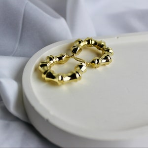 14K Solid Gold Bamboo Hoop Earrings: Yellow Gold Huggies