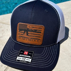 Custom USA Leather Patch, Richardson, Men&#39;s & Boys, US Flag, Blue Baseball Cap, Trucker, Great for Outdoor Fun, Parties, or Celebrations